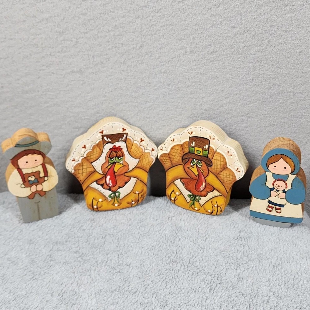 Hand‎ Painted Wooden Thanksgiving Turkey Pilgrim Figurines Set Lot Country Decor